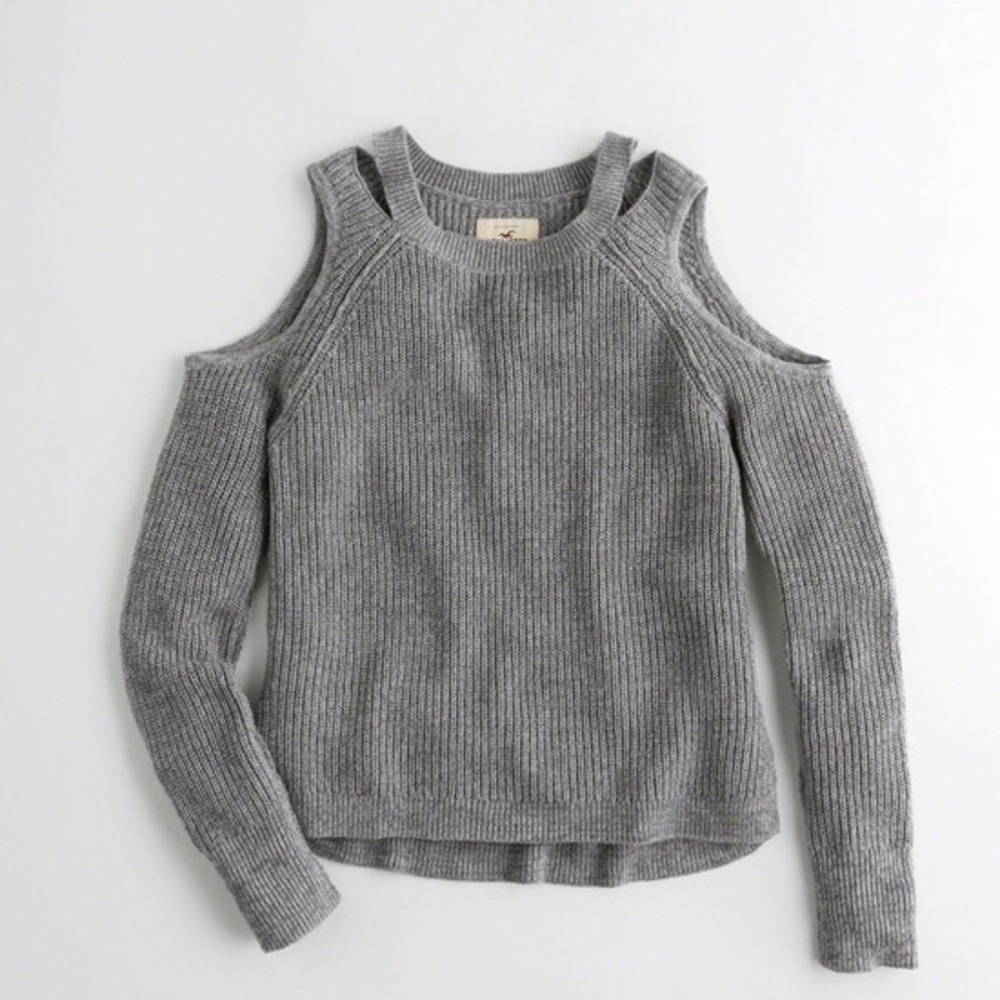 Hollister Women’s Gray Cold Shoulder Sweater Ribbed Knit Long Sleeve Size large - Picture 2 of 6